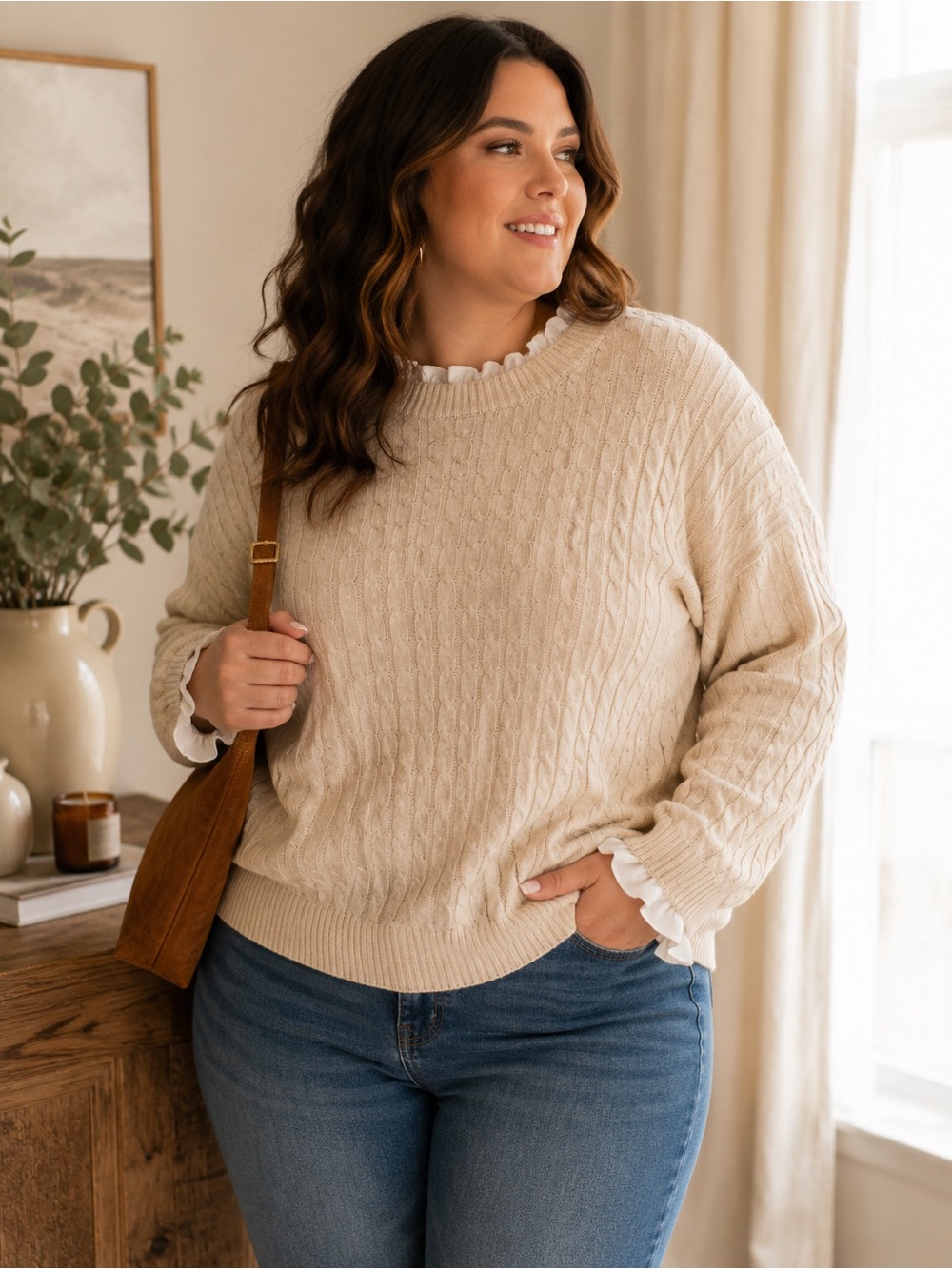 ❄️ NWT Cream Cable Knit Sweater with Ruffle Trim Detail